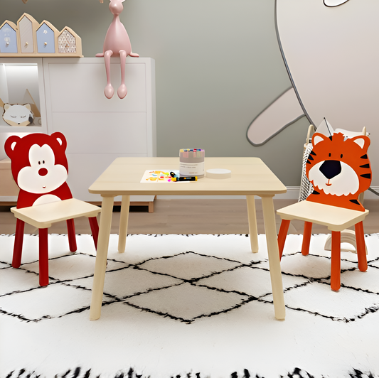 Kids Wooden Table and Chair Set – 3-Piece Animal Theme Activity Furniture (Bear & Tiger) – Child-Sized Play Table for Toddlers & Preschoolers