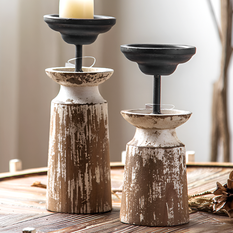 Rustic Worn-Out Paint Candle Stand - Wood And Metal Vintage Style, Small And Large Decorative Candlestick for Home or Desktop Decor