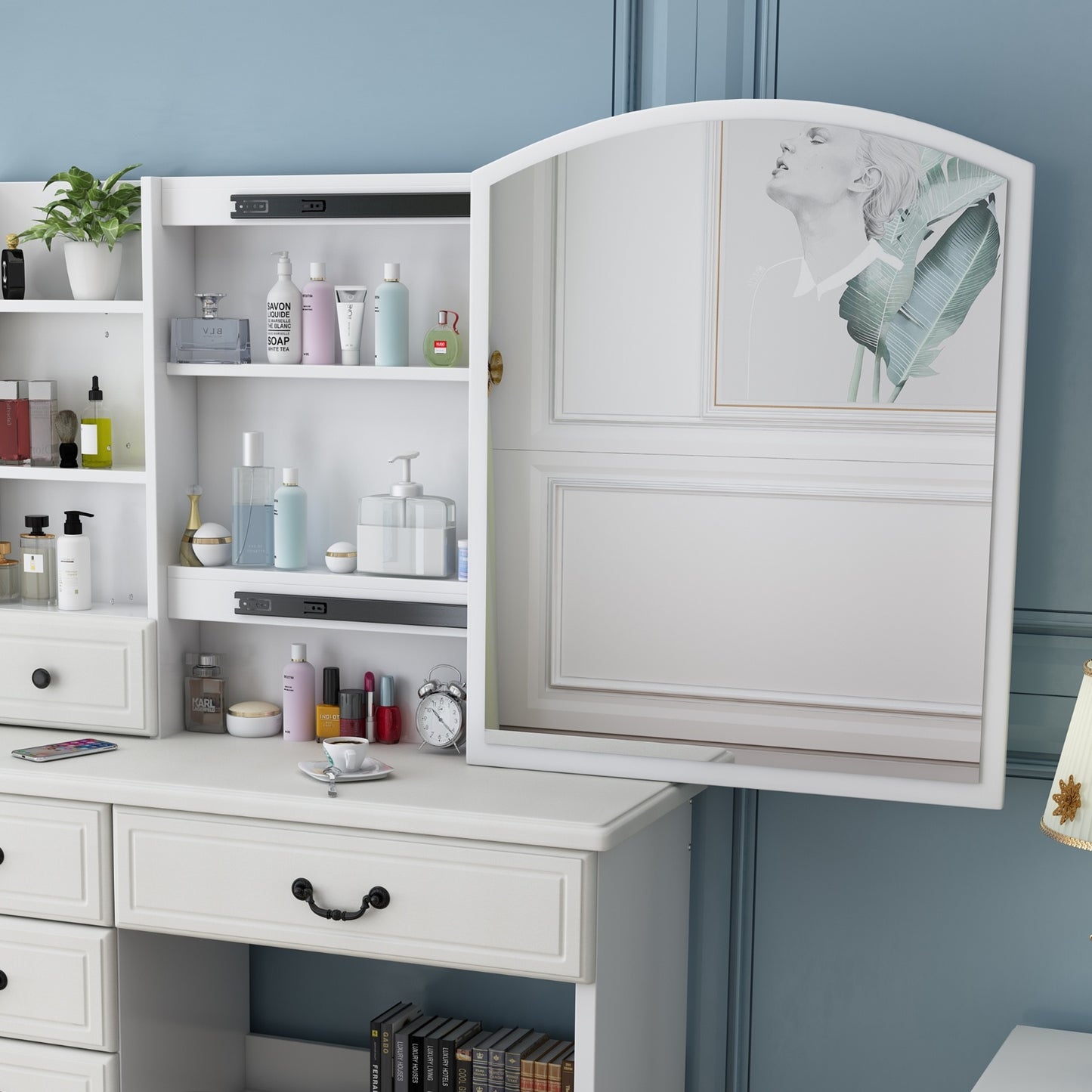 White Vanity Desk with Mirror & LED Lights – Makeup Table Set with 6 Drawers, Adjustable 3-Color Lighting & Storage Shelves