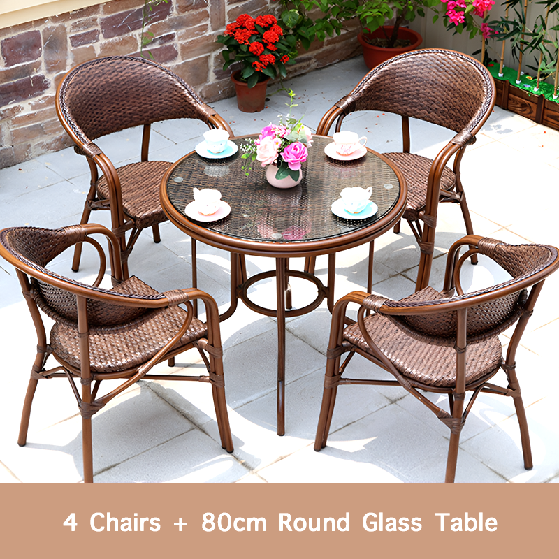Outdoor Rattan Dining Set – French Island Style Patio Chairs & Waterproof Glass Table