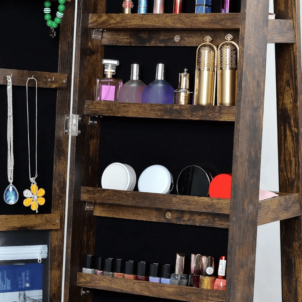 Full Length Mirror Jewelry Cabinet – 360° Swivel Standing Armoire with Storage, Shelves and Lock