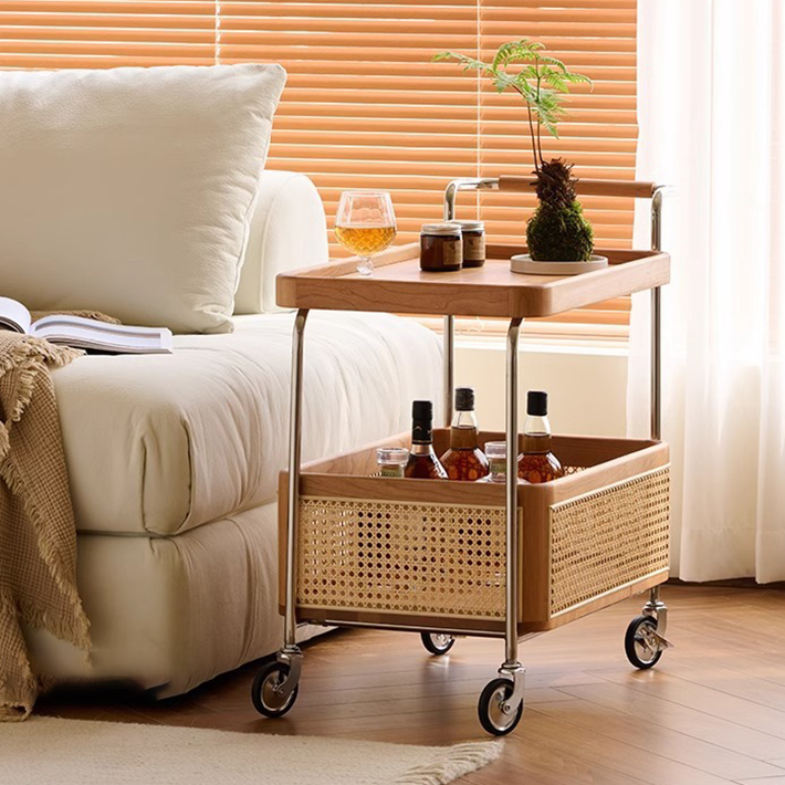 Solid Wood and Steel Mobile Serving Table – Rattan Trolley with Wheels for Dining Room and Living Room