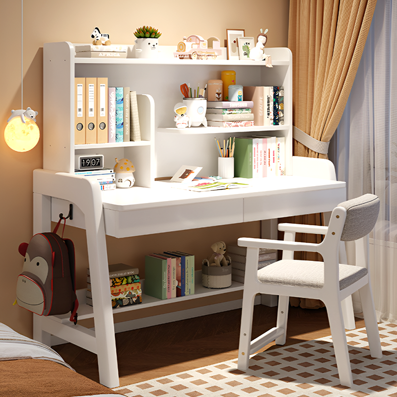 Solid Wood Kids Study Desk and Chair Set with Bookshelf and 2 Storage Drawers, Adjustable Height, 5 Colors, for Home or Bedroom