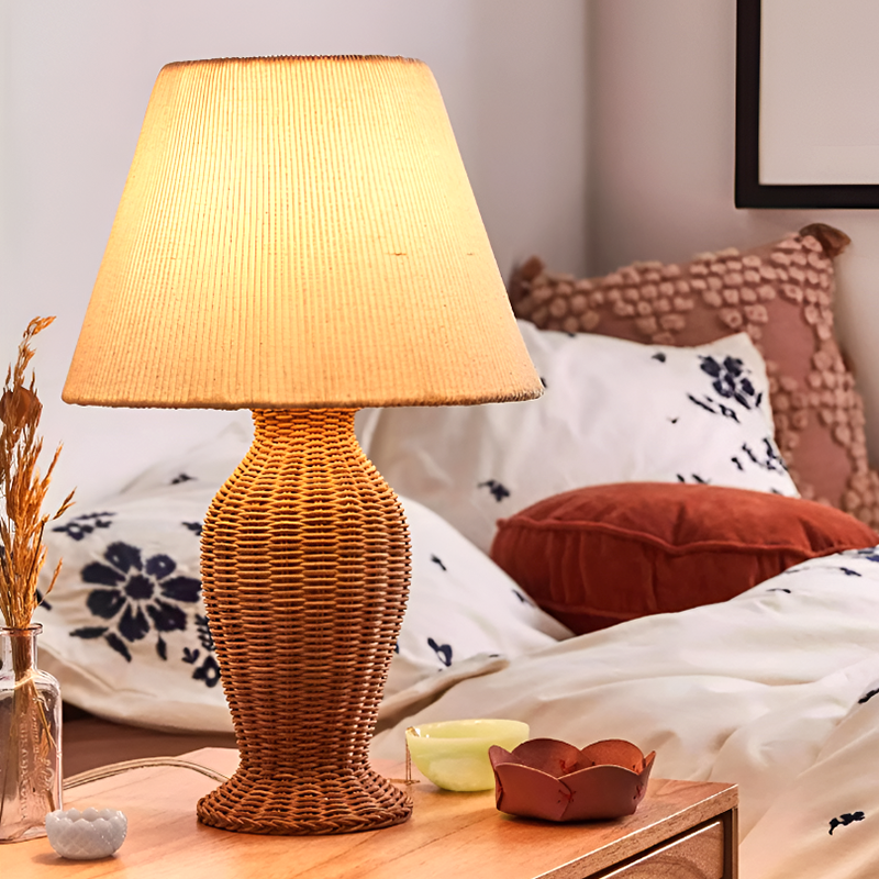 Japanese Style Rattan Bedside Table Lamp - Handmade Woven Nightstand Light for Bedroom And Living Room Décor