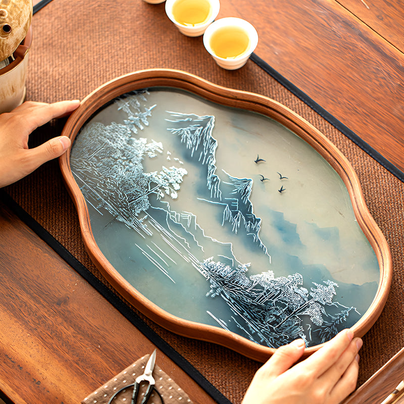 Retro-Style Bamboo & Glass Tray – Hand-Painted Landscape & Floral Design