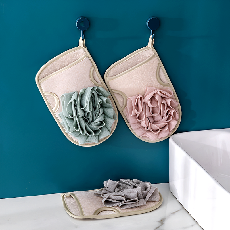 Exfoliating Shower Glove with Mesh Puff – Dual-Sided Rubbing Towel for Deep Cleansing & Smooth Skin