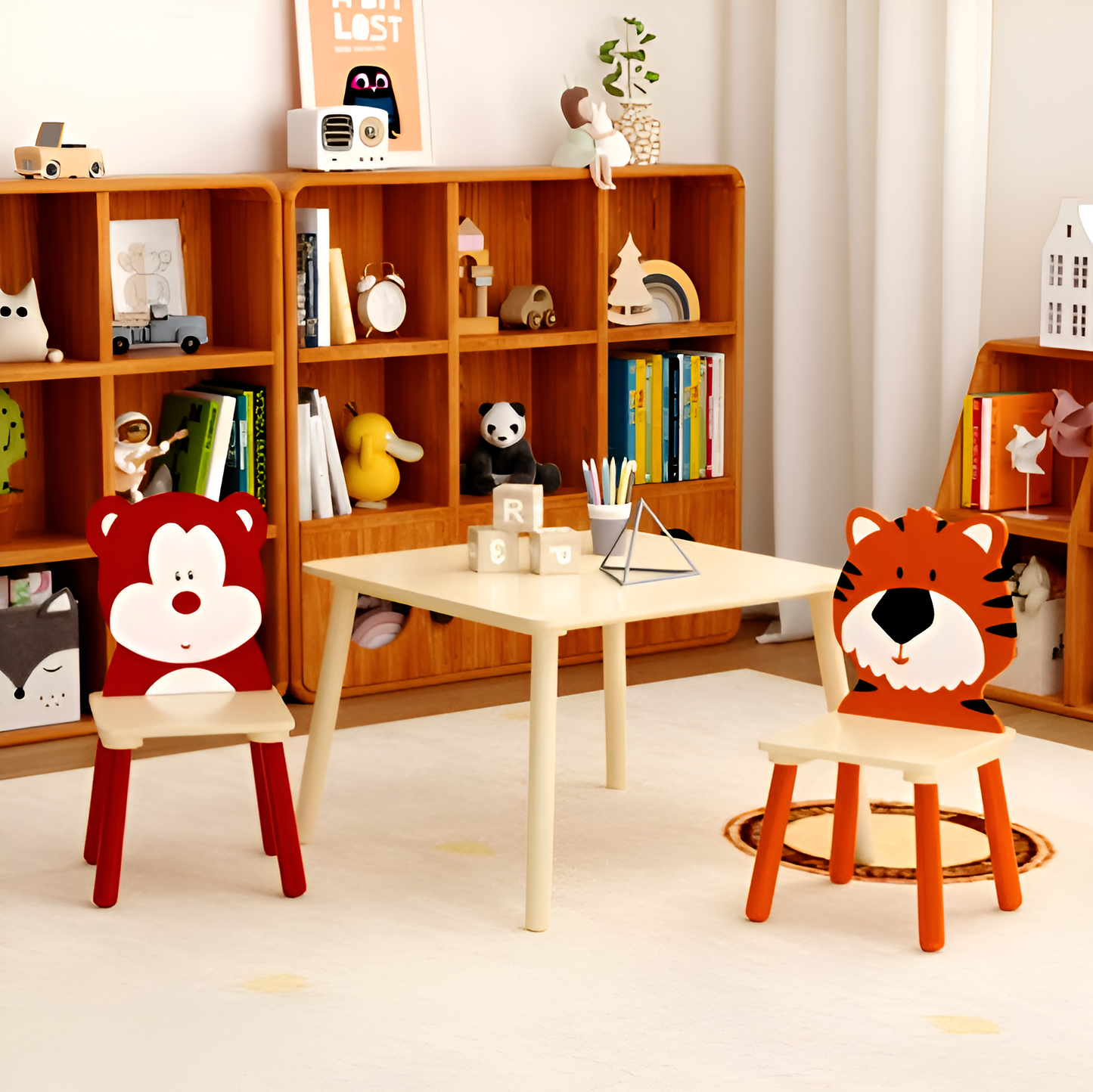 Kids Wooden Table and Chair Set – 3-Piece Animal Theme Activity Furniture (Bear & Tiger) – Child-Sized Play Table for Toddlers & Preschoolers