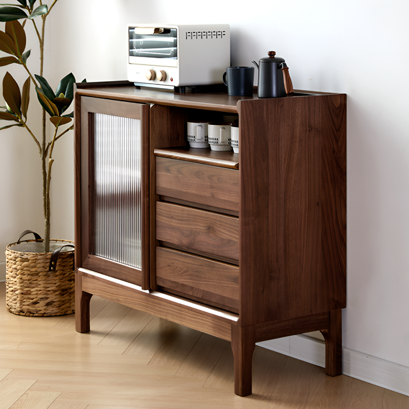 North American Black Walnut Solid Wood Sideboard - Modern Scandinavian Storage Cabinet with Drawers And Glass Door for Living Room