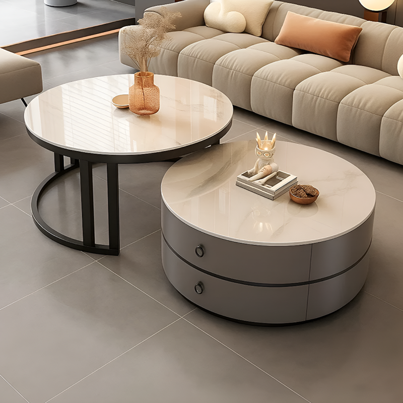 Modern Minimalist Nested Round Coffee Table With Storage Drawers – Light Luxury Small Marble Table for Living Room