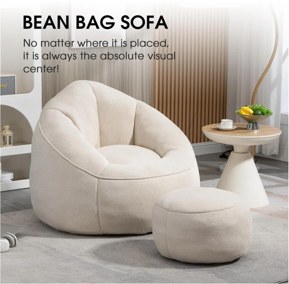 Modern Bean Bag Chair with Footrest – Comfy High-Density Foam Lounge Chair for Bedroom & Living Room