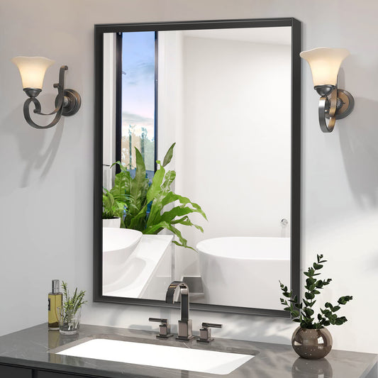 40x30 Inch Black Vanity Mirror – Glossy Framed Bathroom Wall Mirror, Horizontal & Vertical Mounting