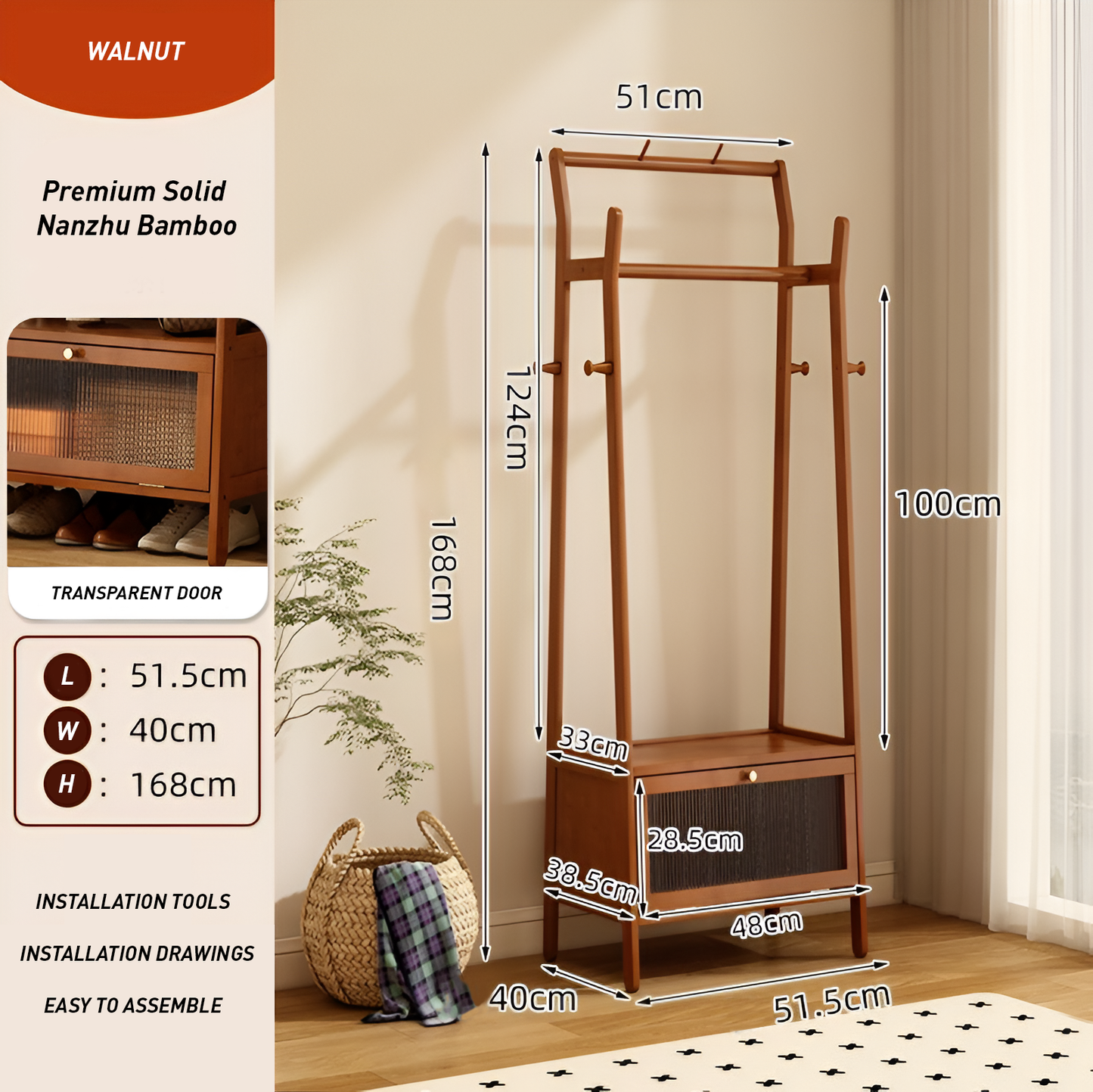 Solid Bamboo Coat Rack with Storage – Floor-Standing Clothes Hanger in Natural or Walnut Finish, 2 Sizes (51.5×40×168cm & 69×40×168cm)