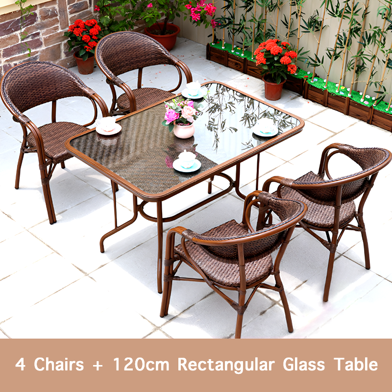 Outdoor Rattan Dining Set – French Island Style Patio Chairs & Waterproof Glass Table