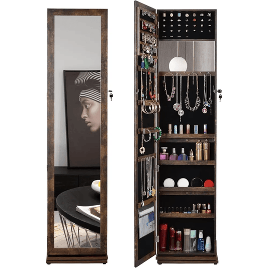 Full Length Mirror Jewelry Cabinet – 360° Swivel Standing Armoire with Storage, Shelves and Lock