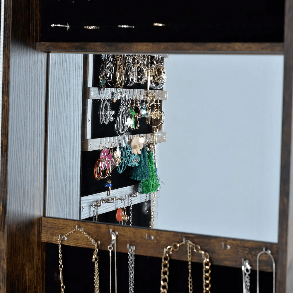 Full Length Mirror Jewelry Cabinet – 360° Swivel Standing Armoire with Storage, Shelves and Lock