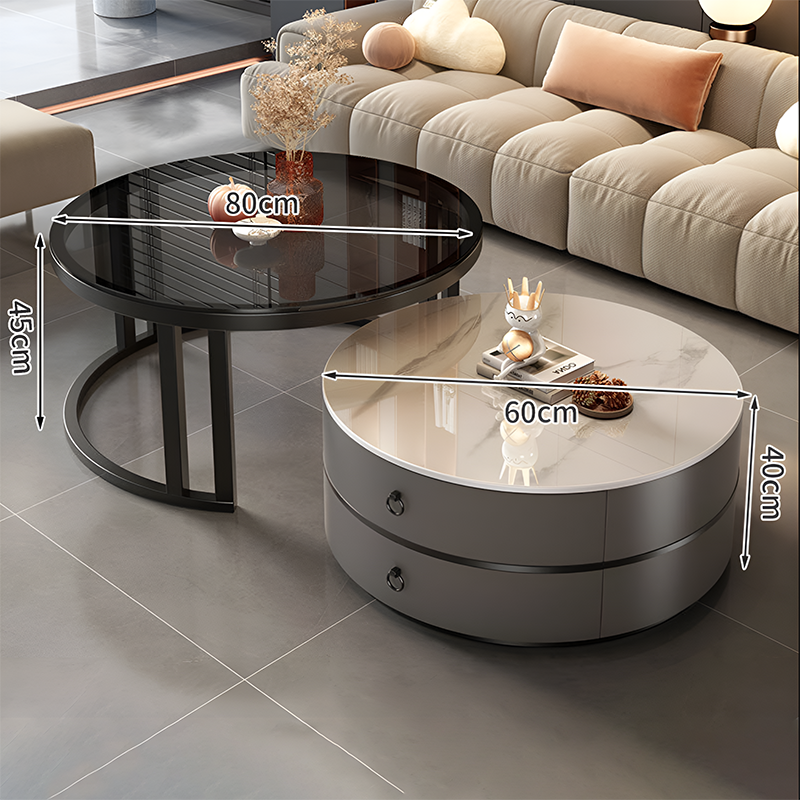 Modern Minimalist Nested Round Coffee Table With Storage Drawers – Light Luxury Small Marble Table for Living Room