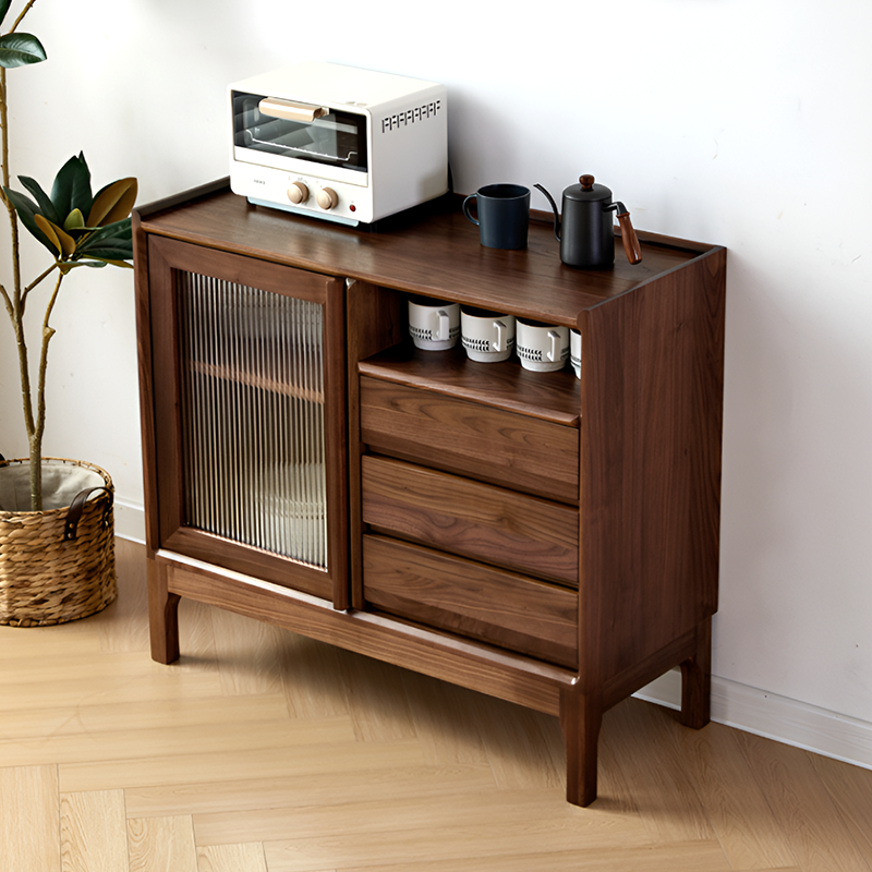 North American Black Walnut Solid Wood Sideboard - Modern Scandinavian Storage Cabinet with Drawers And Glass Door for Living Room