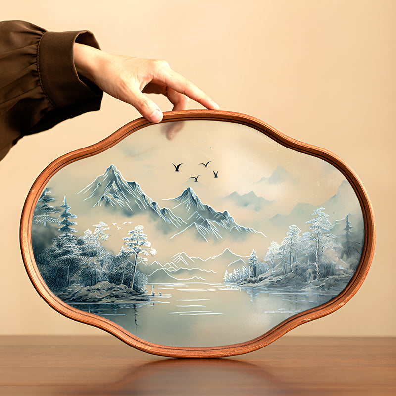 Retro-Style Bamboo & Glass Tray – Hand-Painted Landscape & Floral Design