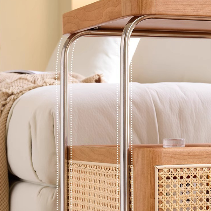 Solid Wood and Steel Mobile Serving Table – Rattan Trolley with Wheels for Dining Room and Living Room