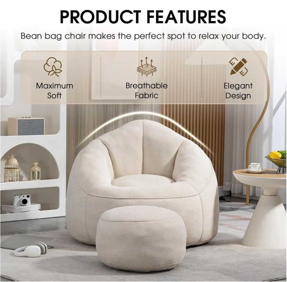 Modern Bean Bag Chair with Footrest – Comfy High-Density Foam Lounge Chair for Bedroom & Living Room