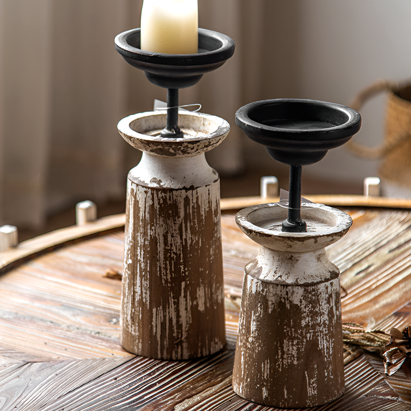 Rustic Worn-Out Paint Candle Stand - Wood And Metal Vintage Style, Small And Large Decorative Candlestick for Home or Desktop Decor