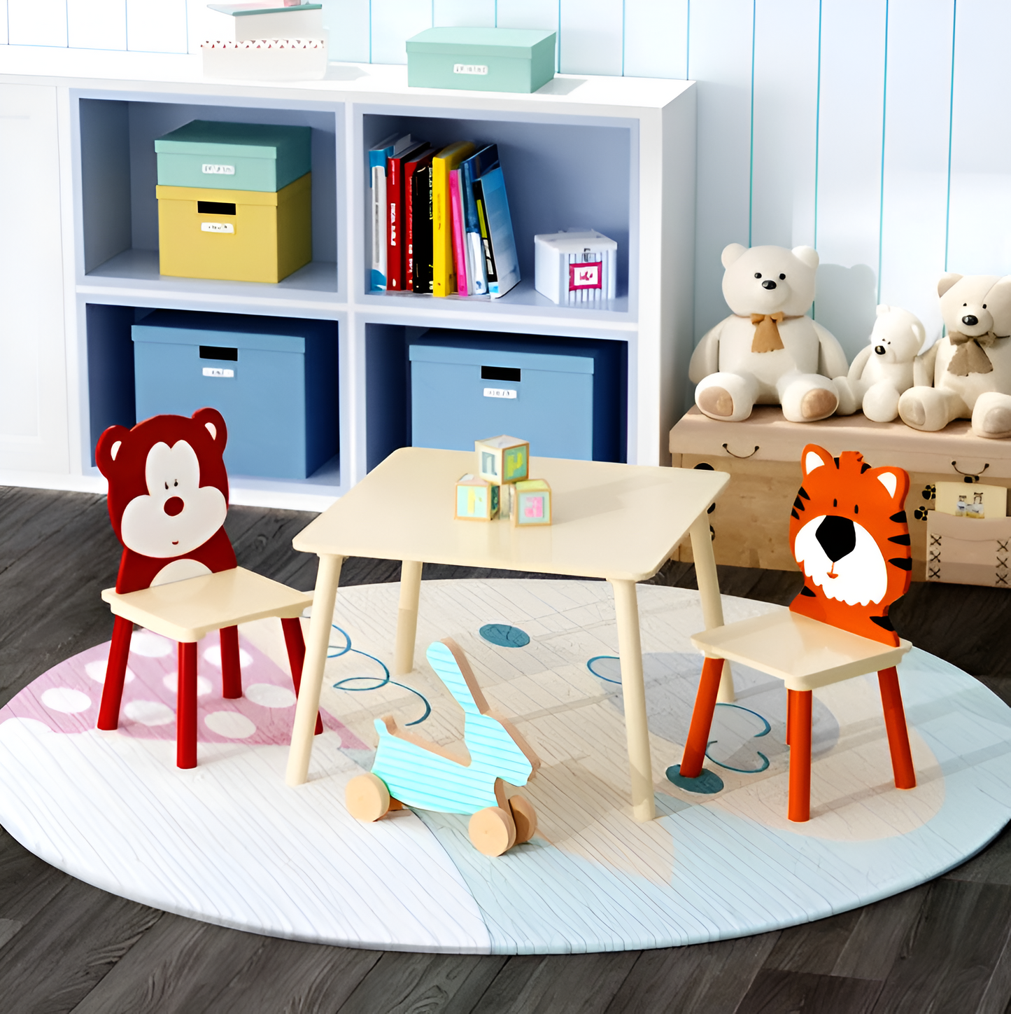 Kids Wooden Table and Chair Set – 3-Piece Animal Theme Activity Furniture (Bear & Tiger) – Child-Sized Play Table for Toddlers & Preschoolers