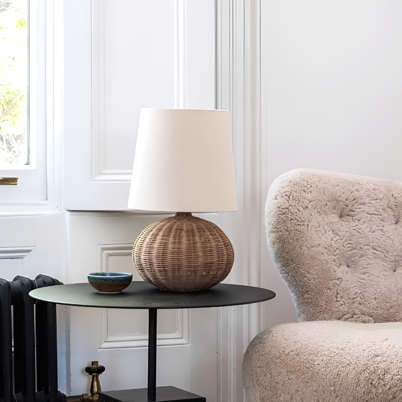 Japanese Style Rattan Bedside Table Lamp - Handmade Woven Nightstand Light for Bedroom And Living Room Décor