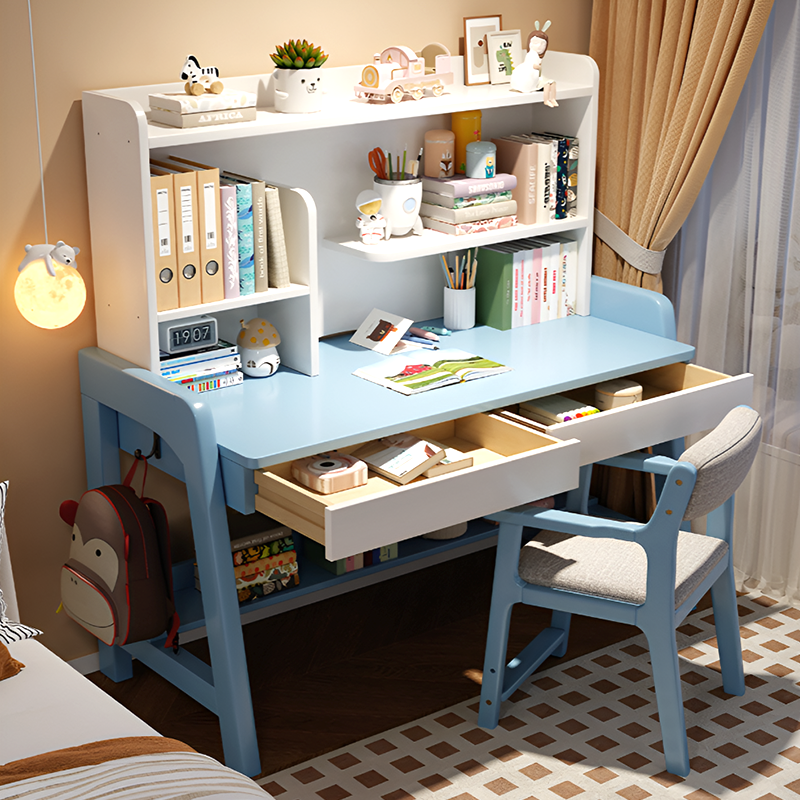 Solid Wood Kids Study Desk and Chair Set with Bookshelf and 2 Storage Drawers, Adjustable Height, 5 Colors, for Home or Bedroom
