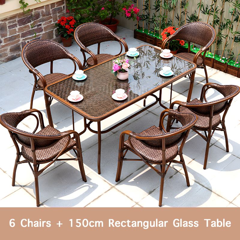 Outdoor Rattan Dining Set – French Island Style Patio Chairs & Waterproof Glass Table