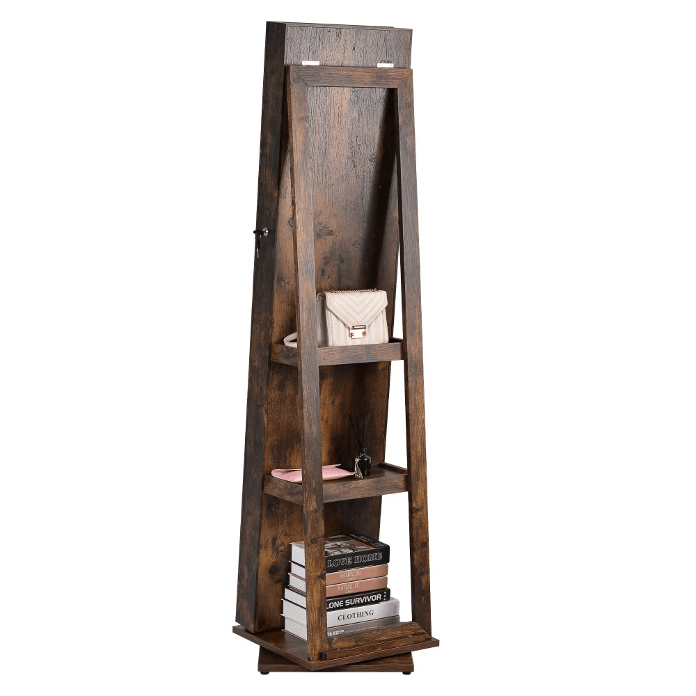 Full Length Mirror Jewelry Cabinet – 360° Swivel Standing Armoire with Storage, Shelves and Lock