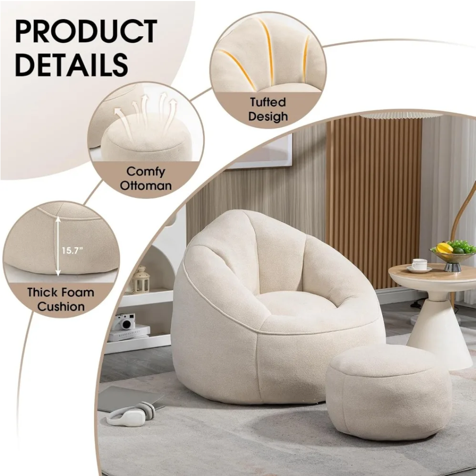 Modern Bean Bag Chair with Footrest – Comfy High-Density Foam Lounge Chair for Bedroom & Living Room