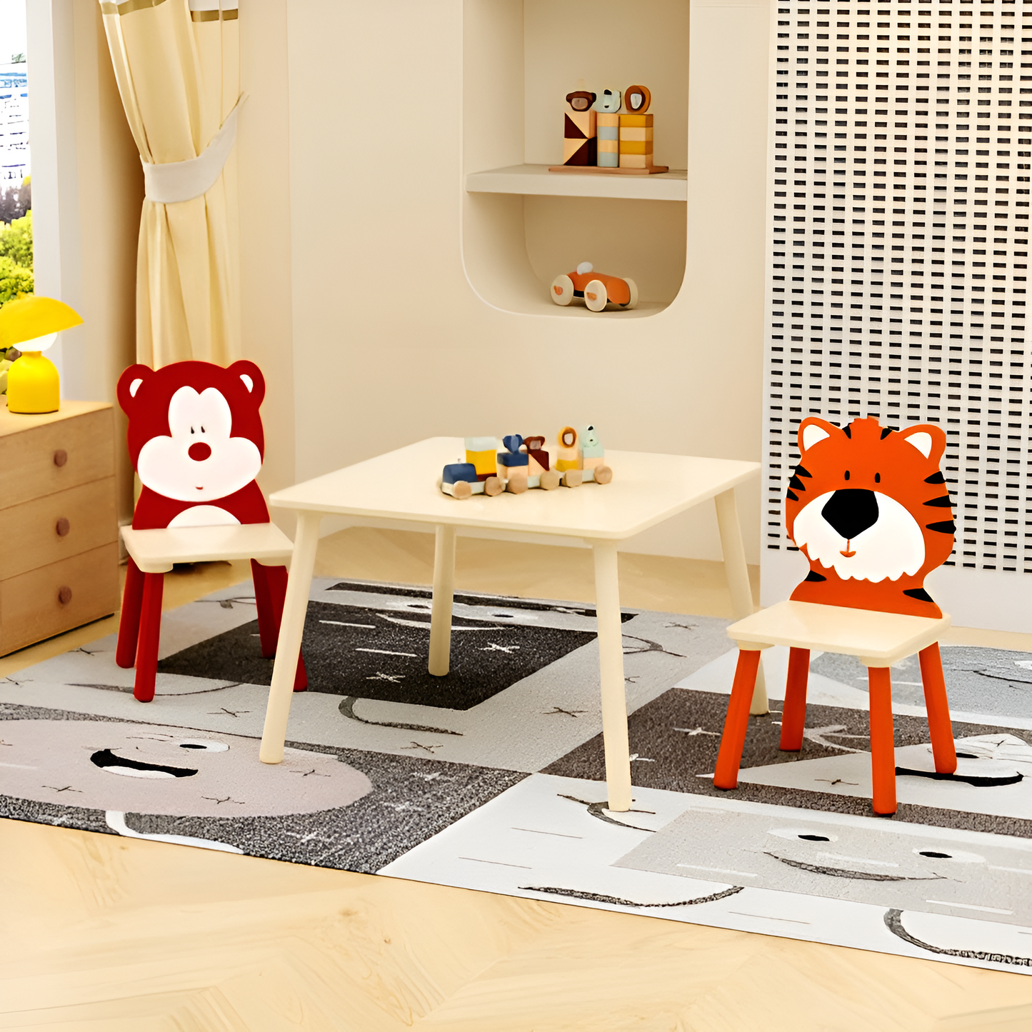 Kids Wooden Table and Chair Set – 3-Piece Animal Theme Activity Furniture (Bear & Tiger) – Child-Sized Play Table for Toddlers & Preschoolers