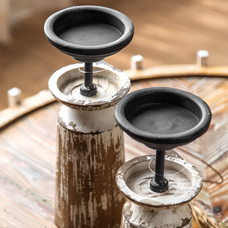 Rustic Worn-Out Paint Candle Stand - Wood And Metal Vintage Style, Small And Large Decorative Candlestick for Home or Desktop Decor