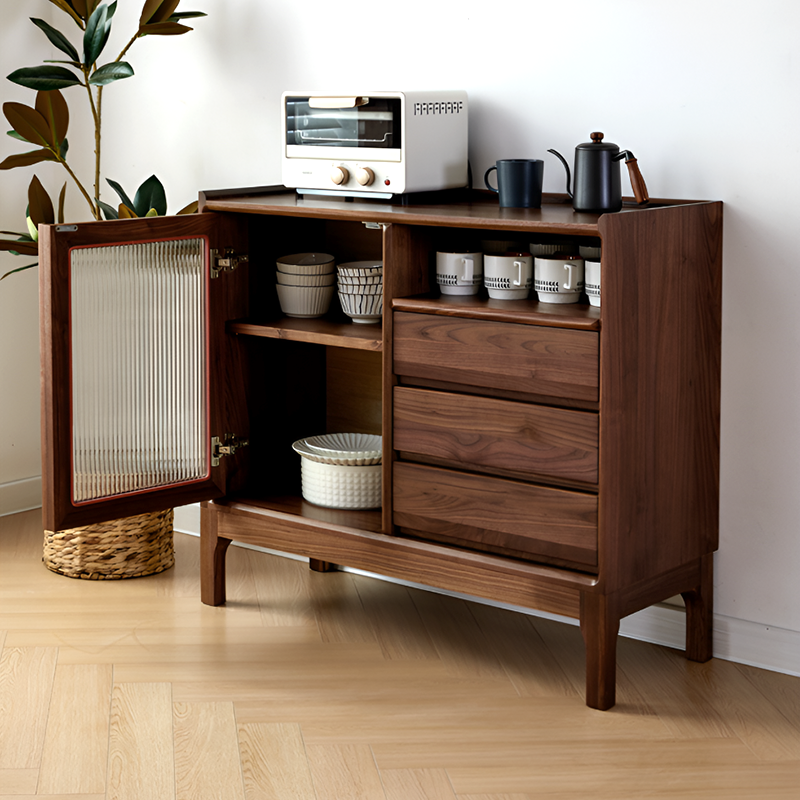 North American Black Walnut Solid Wood Sideboard - Modern Scandinavian Storage Cabinet with Drawers And Glass Door for Living Room