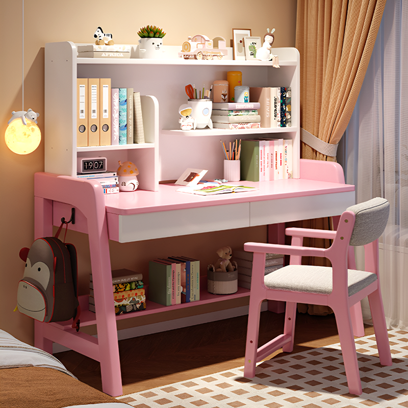 Solid Wood Kids Study Desk and Chair Set with Bookshelf and 2 Storage Drawers, Adjustable Height, 5 Colors, for Home or Bedroom