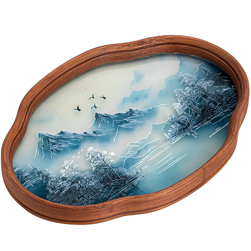 Retro-Style Bamboo & Glass Tray – Hand-Painted Landscape & Floral Design
