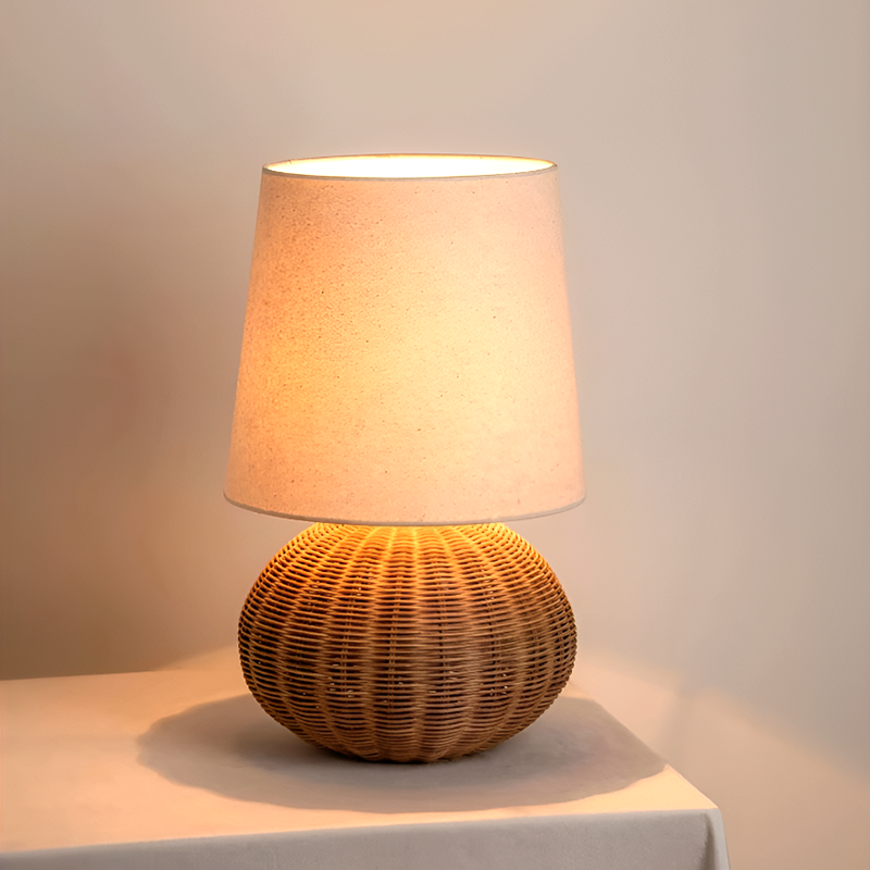 Japanese Style Rattan Bedside Table Lamp - Handmade Woven Nightstand Light for Bedroom And Living Room Décor