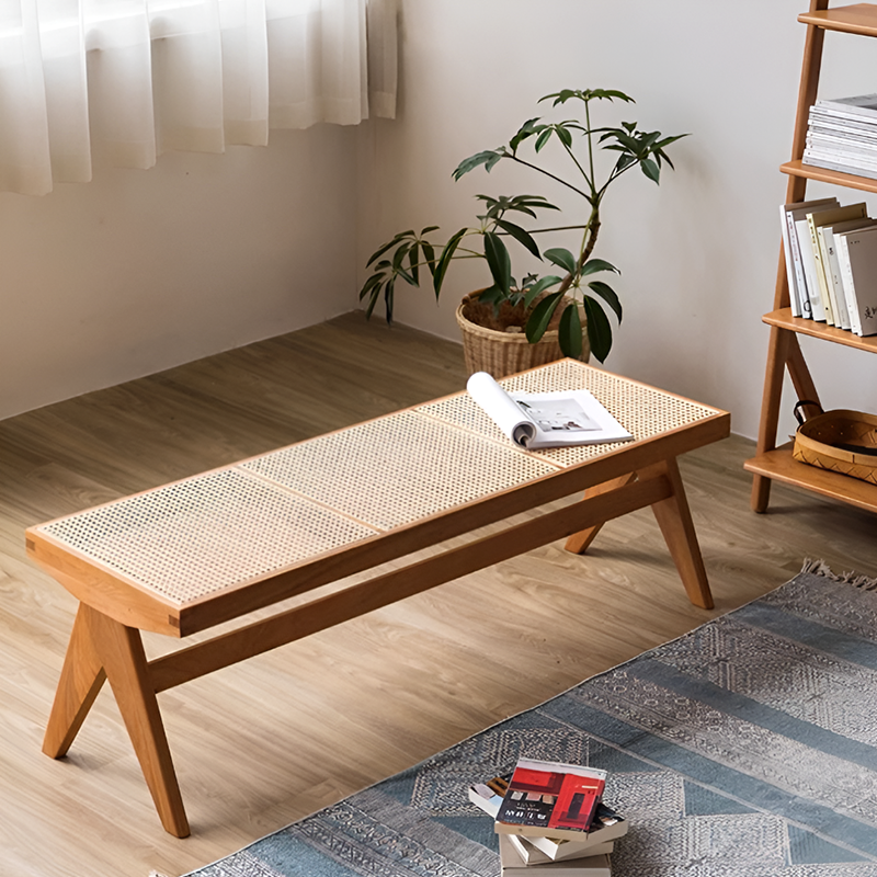 Solid Wood & Rattan Bench – Single or 3-Seater, Walnut, Cherry, Log, Black