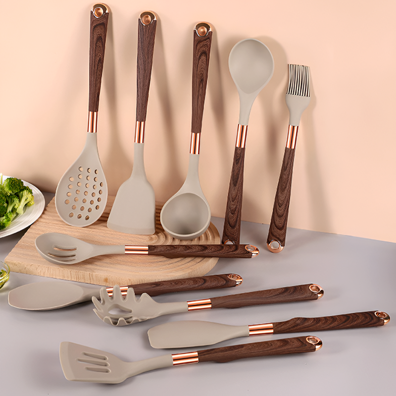 12-Piece Silicone & Wood Grain Kitchen Utensil Set – Heat-Resistant Non-Stick Cooking Tools