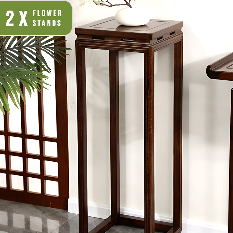 African Black Walnut Entrance Console Table + Pair of Flower Stands – Solid Wood Entryway Table
