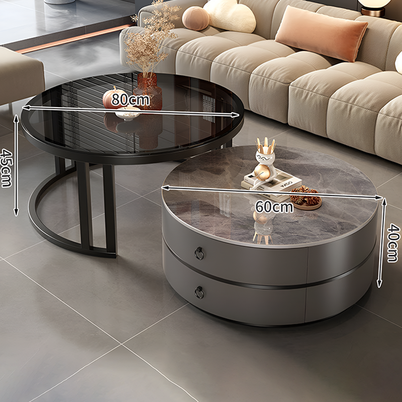 Modern Minimalist Nested Round Coffee Table With Storage Drawers – Light Luxury Small Marble Table for Living Room