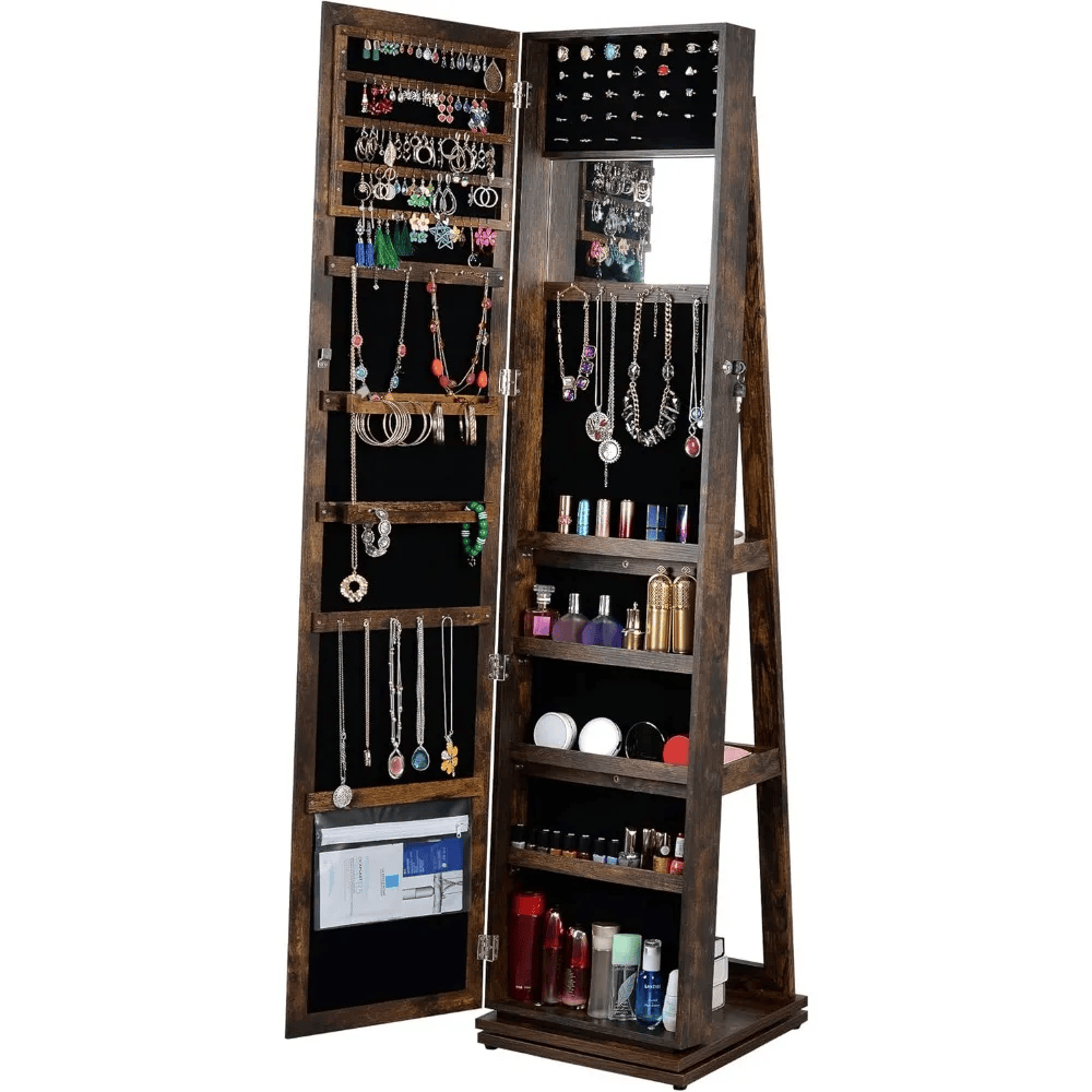 Full Length Mirror Jewelry Cabinet – 360° Swivel Standing Armoire with Storage, Shelves and Lock