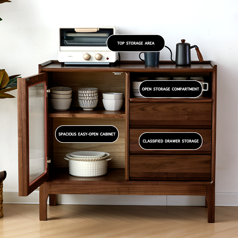 North American Black Walnut Solid Wood Sideboard - Modern Scandinavian Storage Cabinet with Drawers And Glass Door for Living Room