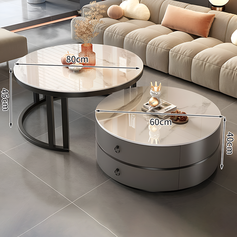 Modern Minimalist Nested Round Coffee Table With Storage Drawers – Light Luxury Small Marble Table for Living Room