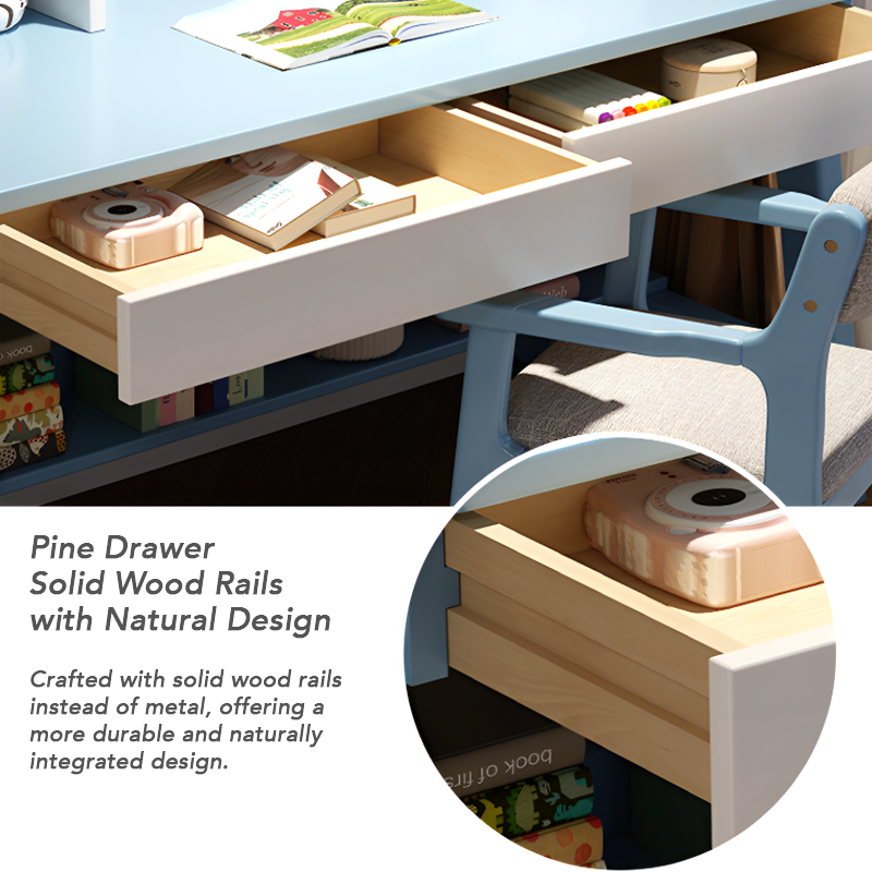 Solid Wood Kids Study Desk and Chair Set with Bookshelf and 2 Storage Drawers, Adjustable Height, 5 Colors, for Home or Bedroom