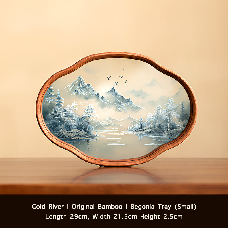 Retro-Style Bamboo & Glass Tray – Hand-Painted Landscape & Floral Design