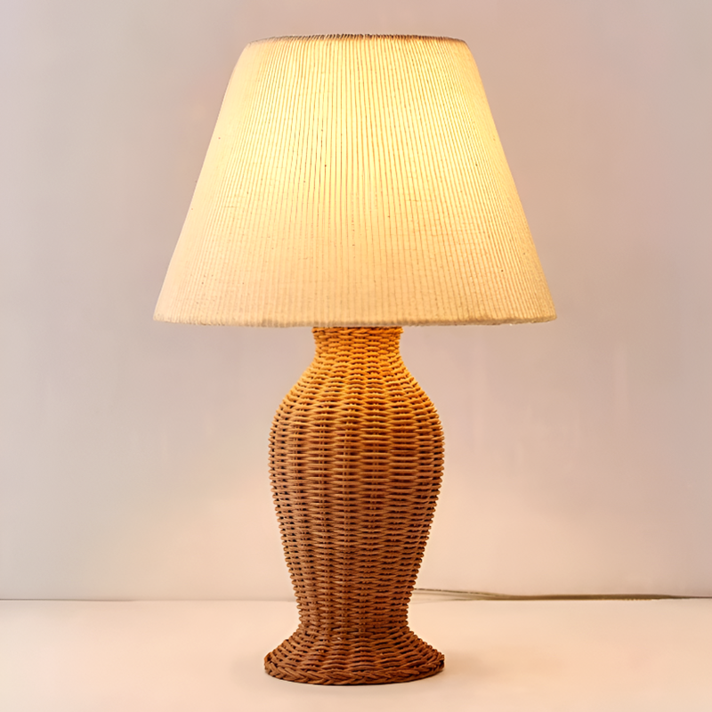 Japanese Style Rattan Bedside Table Lamp - Handmade Woven Nightstand Light for Bedroom And Living Room Décor