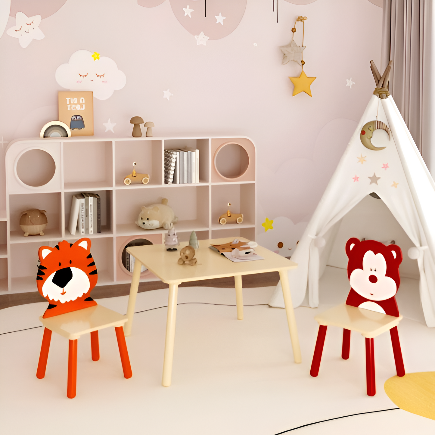 Kids Wooden Table and Chair Set – 3-Piece Animal Theme Activity Furniture (Bear & Tiger) – Child-Sized Play Table for Toddlers & Preschoolers
