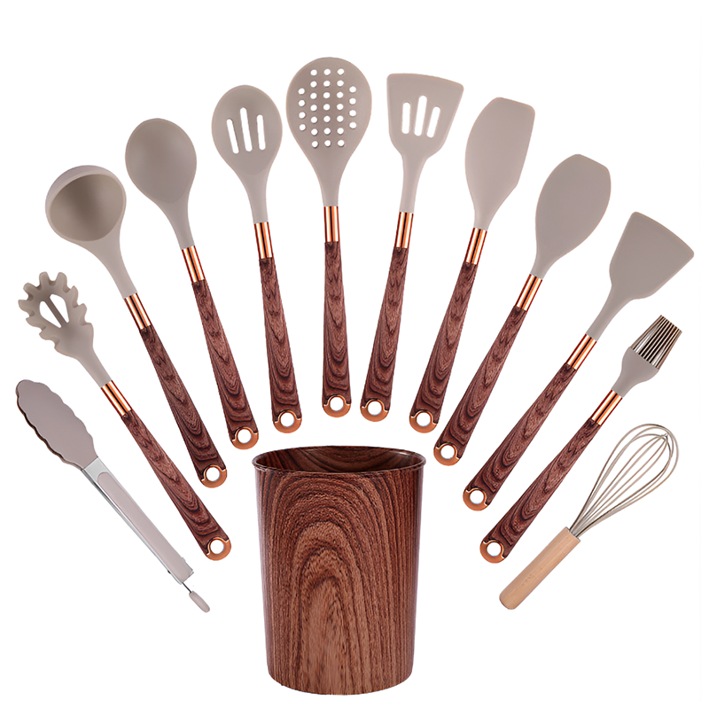12-Piece Silicone & Wood Grain Kitchen Utensil Set – Heat-Resistant Non-Stick Cooking Tools