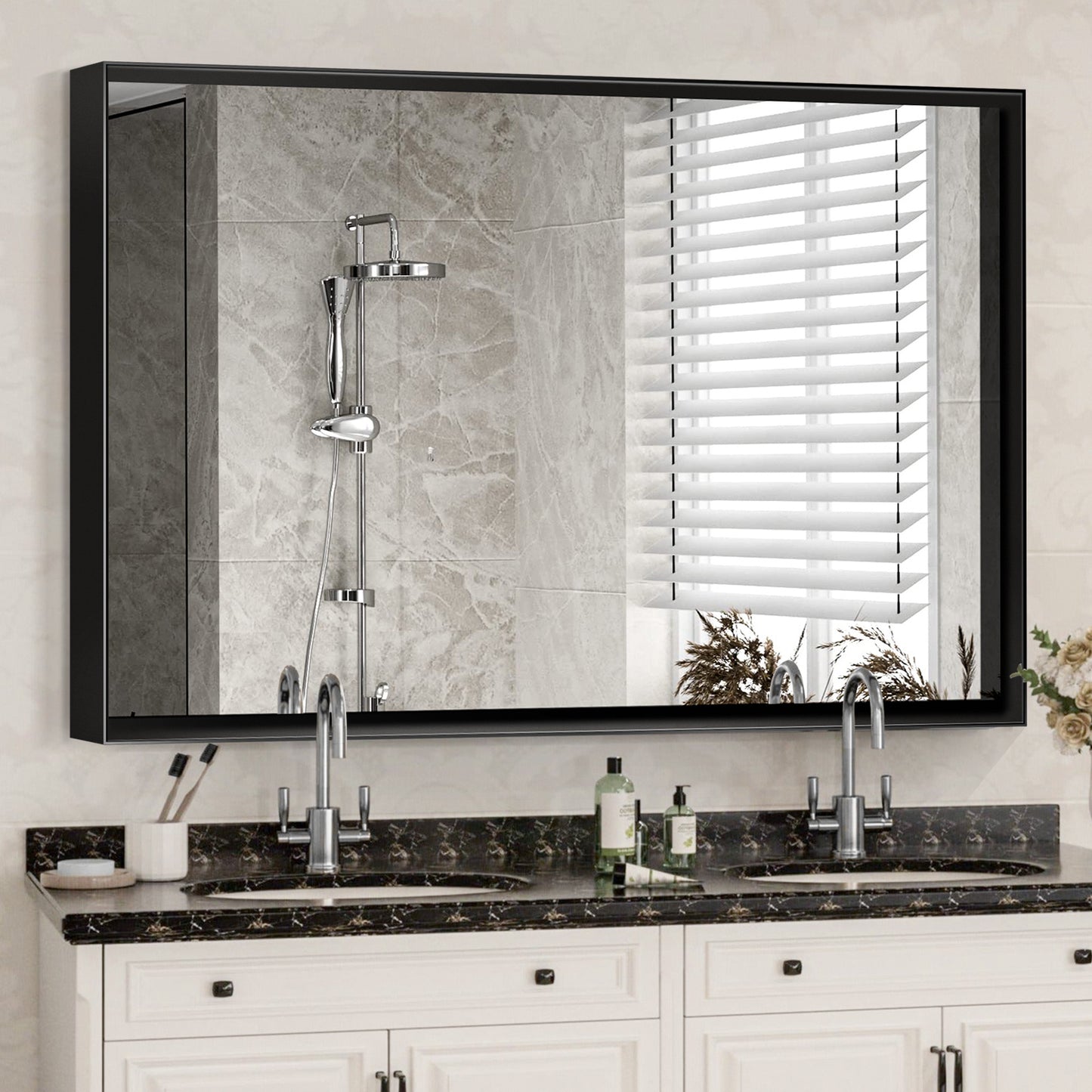 40x30 Inch Black Vanity Mirror – Glossy Framed Bathroom Wall Mirror, Horizontal & Vertical Mounting